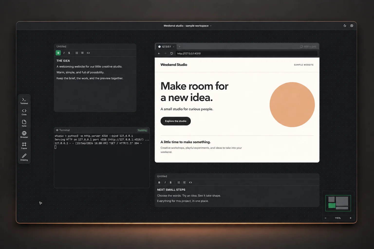 The same sample workspace in DNP's dark appearance, with notes, a running terminal, and a website preview.